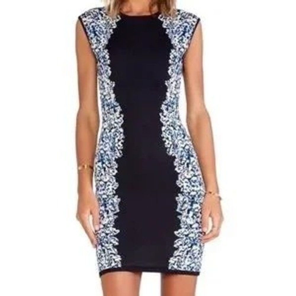 BCBGMAXAZRIA Black Blue White Jacquard Knit Sheath Dress Sleeveless Medium